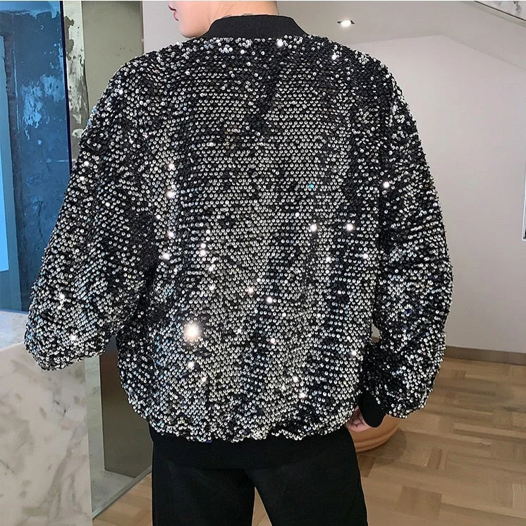 Fashion Men's Sequined Jackets Bling Glitter Bomber Jacket Coat Reflective Hip Hop Tops Streetwear Singer Nightclub Clothing Man