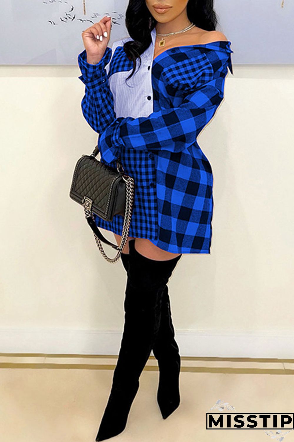 Deep Blue Casual Plaid Print Patchwork Buckle Turndown Collar Shirt Dress Dresses