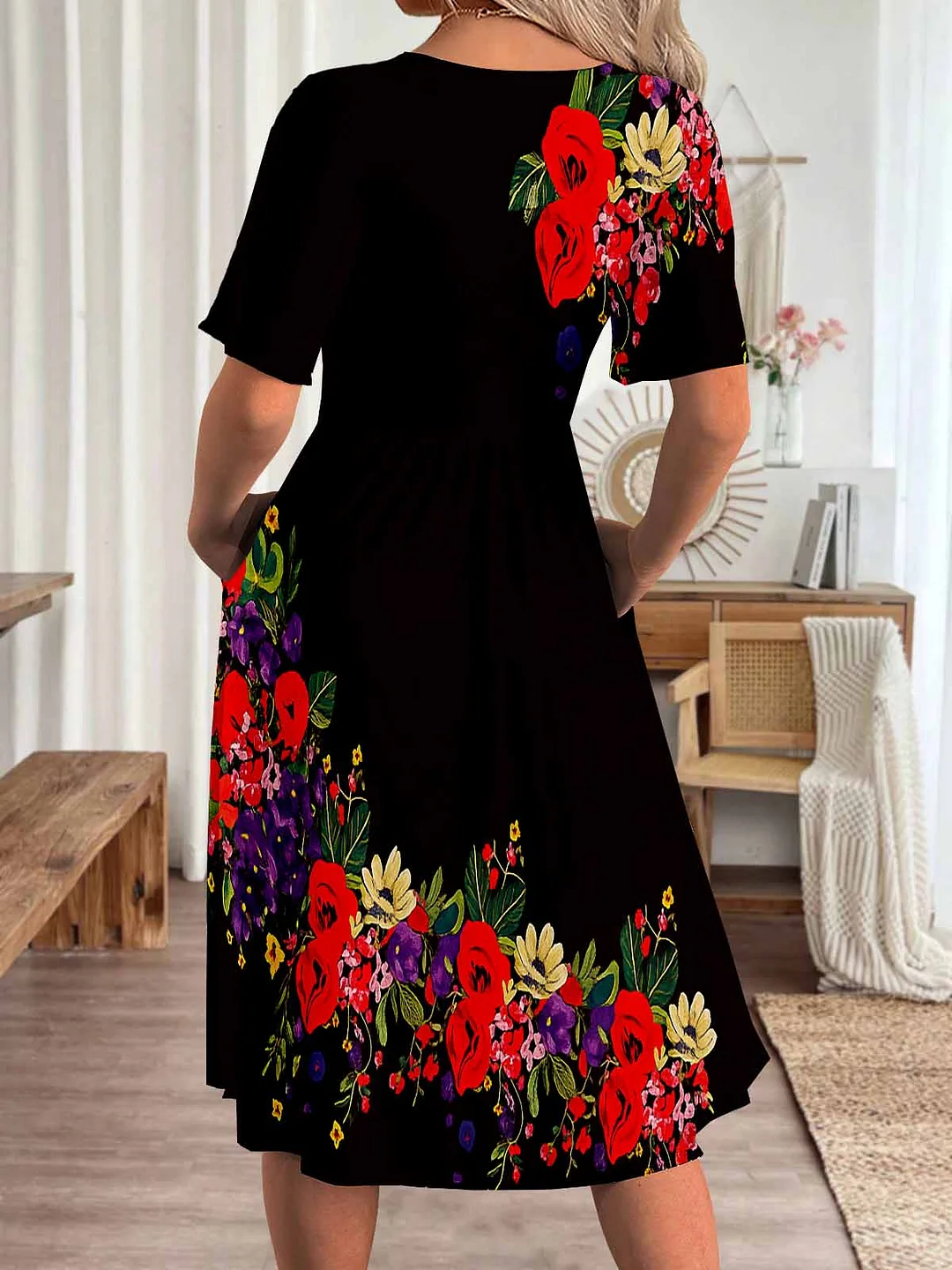 Women Floral,Black DZHA8317 Short Sleeve Scoop Neck Graphic Printed Hollow Midi Dress