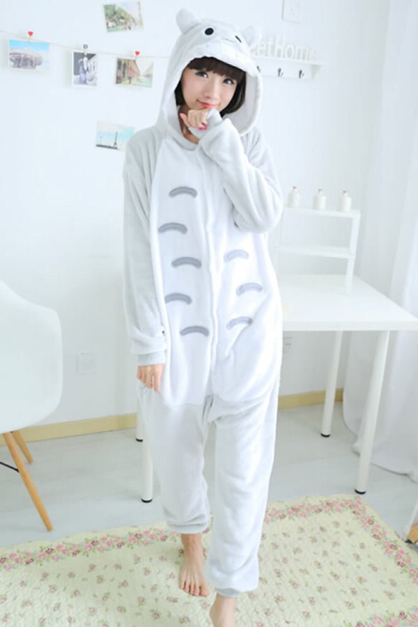 Gray Cute Pajamas Comfortable Flannel Totoro Jumpsuit Costume-elleschic