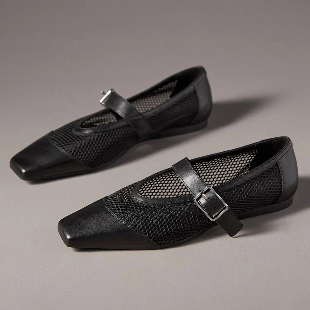 Black Mesh Patchwork Square-Toe Mary Jane Flats with Buckle Strap