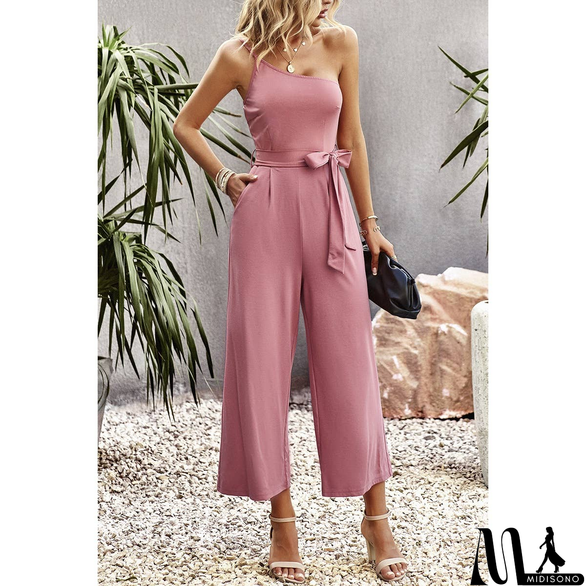 MidiSono - One Shoulder Belt Knot High Waist Jumpsuit