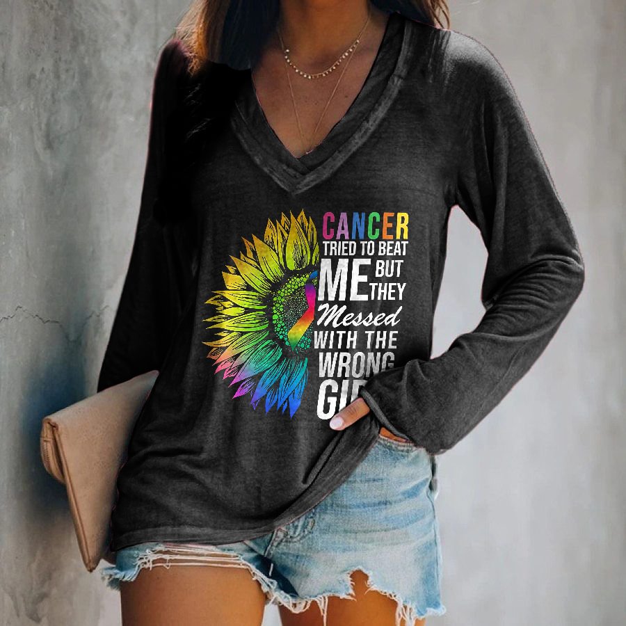 Cancer Tried To Beat Me But They Messed With The Wrong Girl Long Sleeve V Neck Shirts