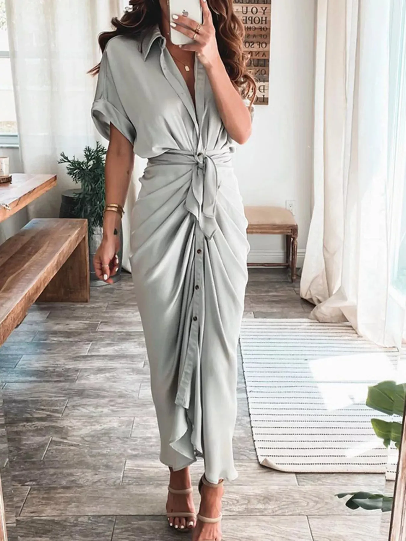 Tie-Waist Button-Down Midi Dress mysite idetrend