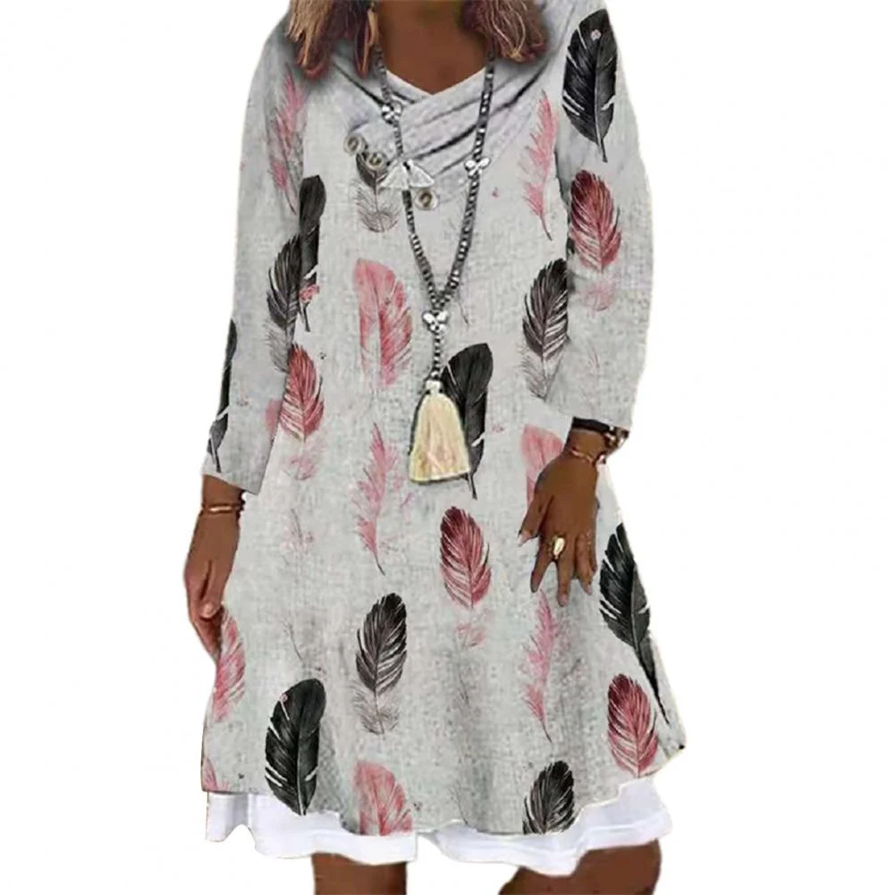 Women Dress Digital Print Large Hem Fake Two Piece Loose Dress for Daily Wear