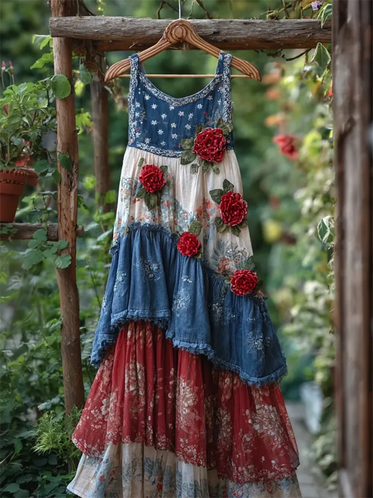 Red Roses American Flag Inspired Layered Lace Denim Maxi Dress