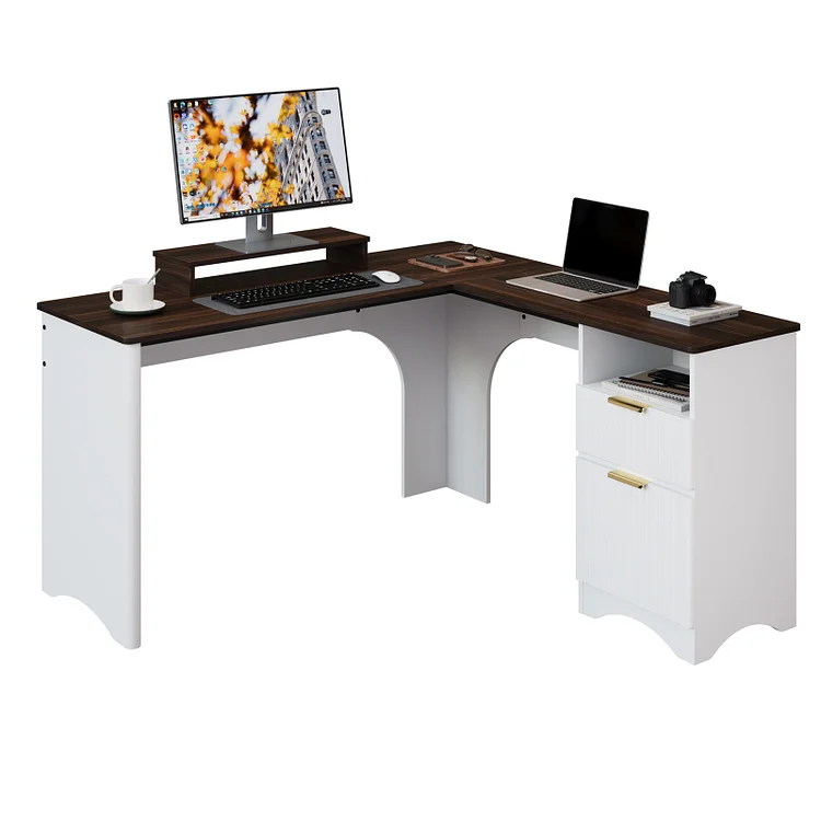 Bestier L Shaped Desk with File Drawer, 55.7" x 55" Office Computer Desk with Round Corners, Modern Desk with Monitor Stand & Fluted Panels for Home Office, White & Cherry