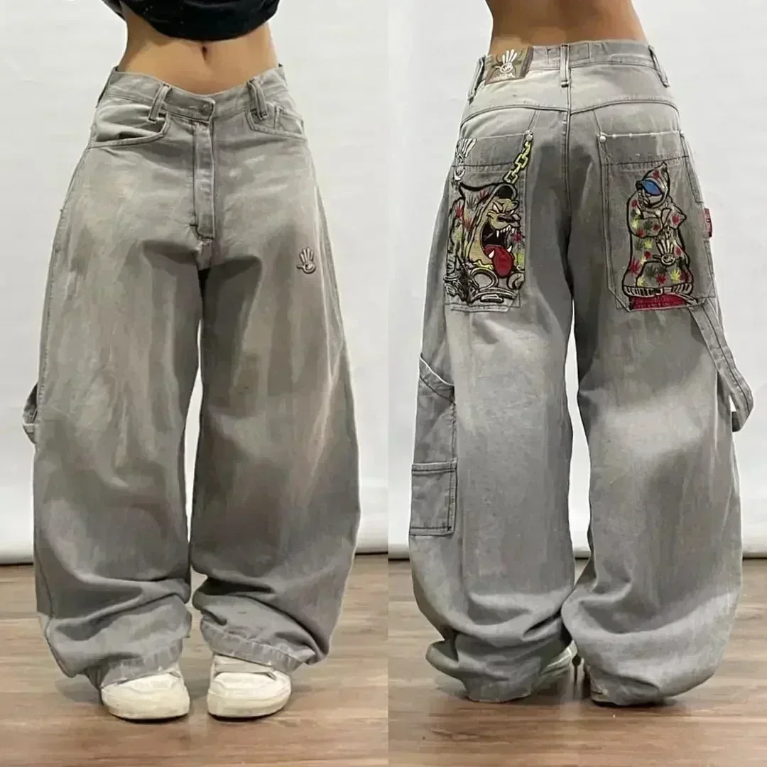 Quantumsparkhub Women's High Waisted Baggy Jeans, Black Embroidered, Retro Ripped Jeans, Hip Hop, Harajuku, New, Yellow, Y2k Streetwear