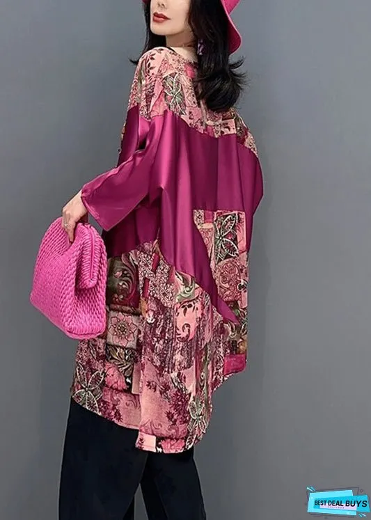 Women Red O-Neck Print Patchwork Top Batwing Sleeve