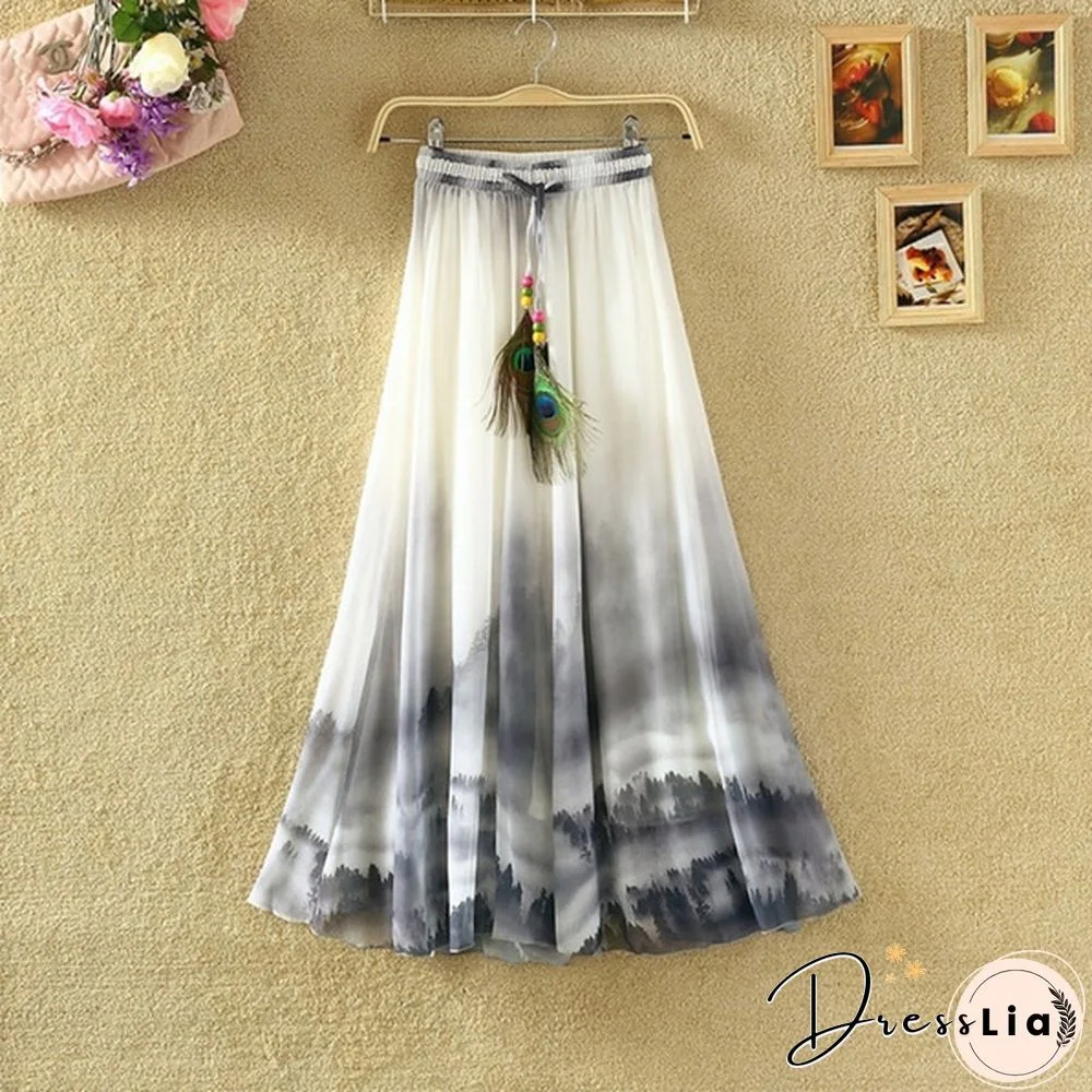 Summer Bohemian Long Skirt Chiffon Elegant Print Casual Skirts