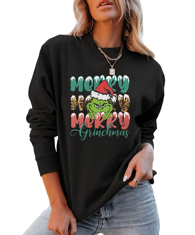 Womens Funny Merry Grinchmas Crew Neck Sweatshirts