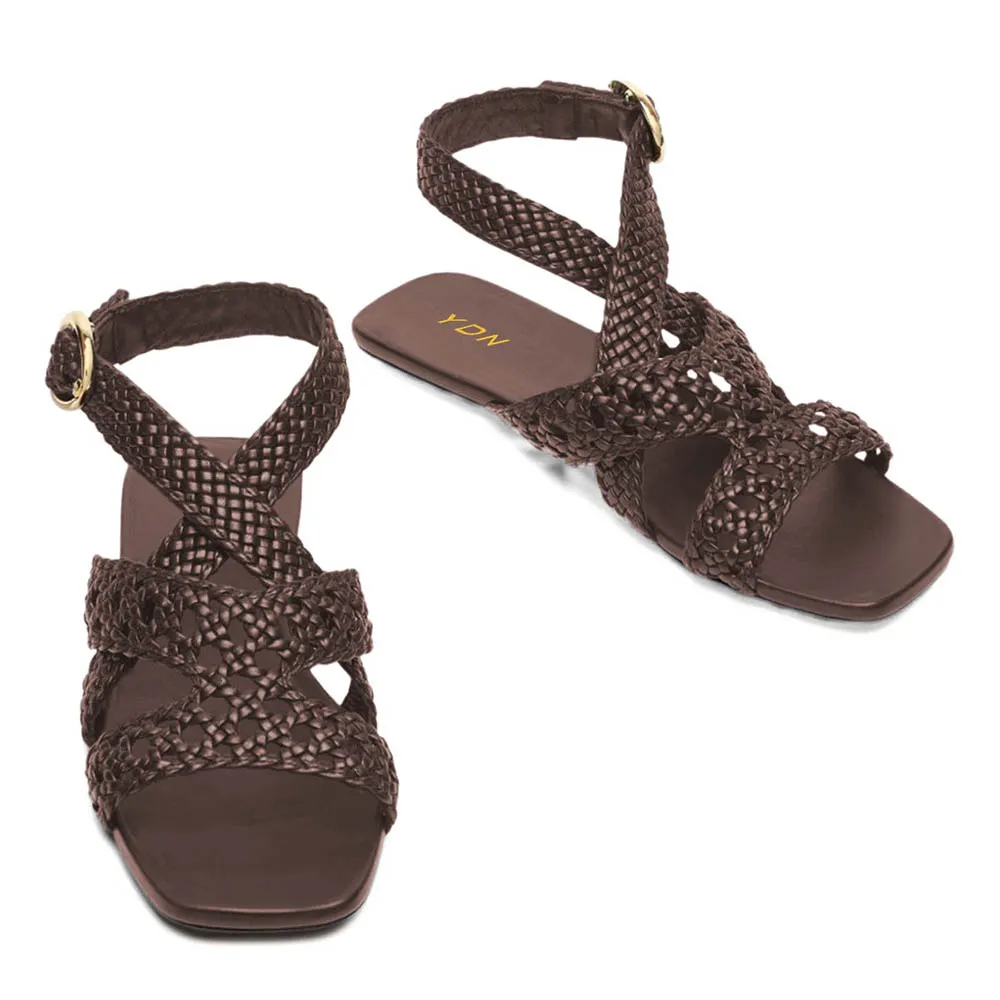 Brown Braided Detail Open Toe Strappy Flat Sandals for Women