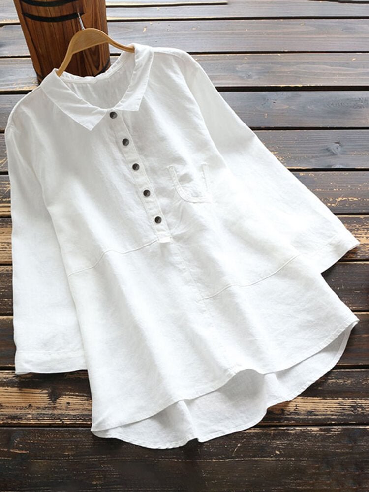 Casual Solid Color Lapel Long Sleeve Cotton Linen Blouse