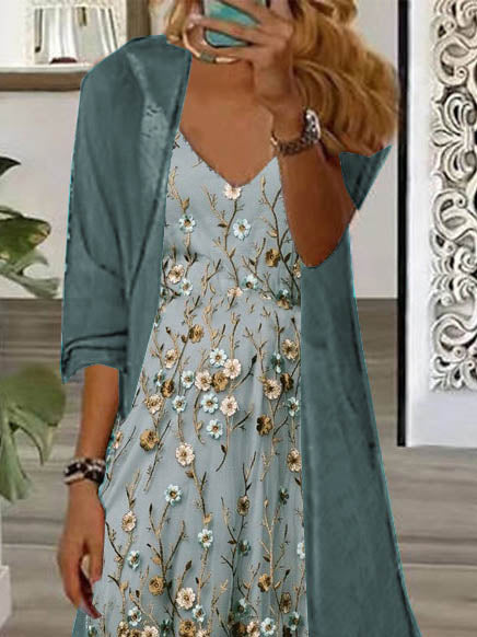 Women Half Sleeve V-neck Solid Color Dress