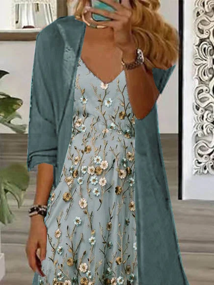 Women Half Sleeve V-neck Solid Color Dress