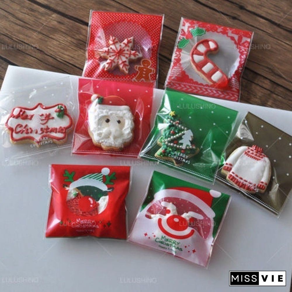 100Pcs Merry Christmas Candy Gift Bags Xmas Cellophane Santa Cello Cookies