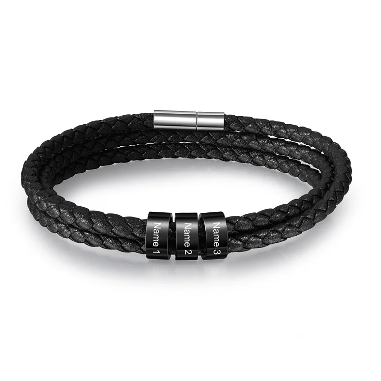 Personalisiertes Herren 3 Namen Schwarz Leder Armband mit Edelstahl Perle