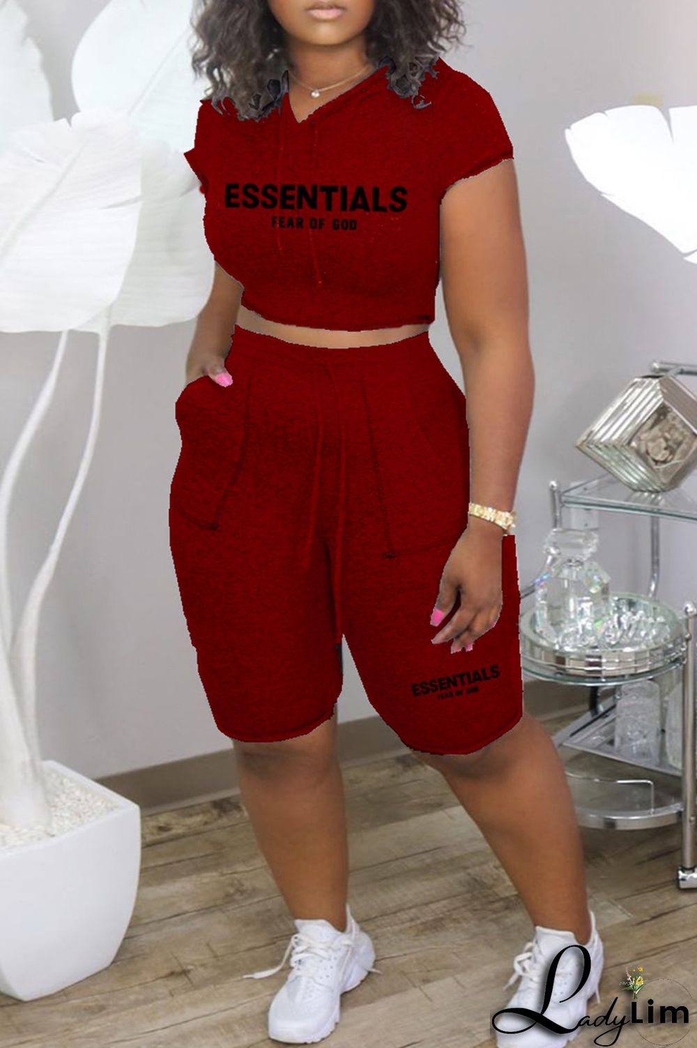 Burgundy Casual Letter Print Basic Hooded Collar Short Sleeve Two Pieces