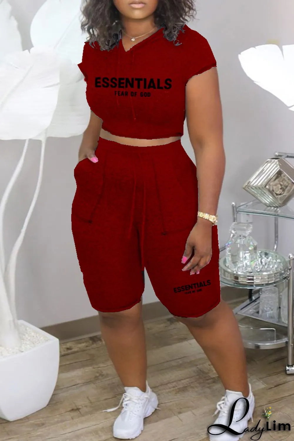 Burgundy Casual Letter Print Basic Hooded Collar Short Sleeve Two Pieces