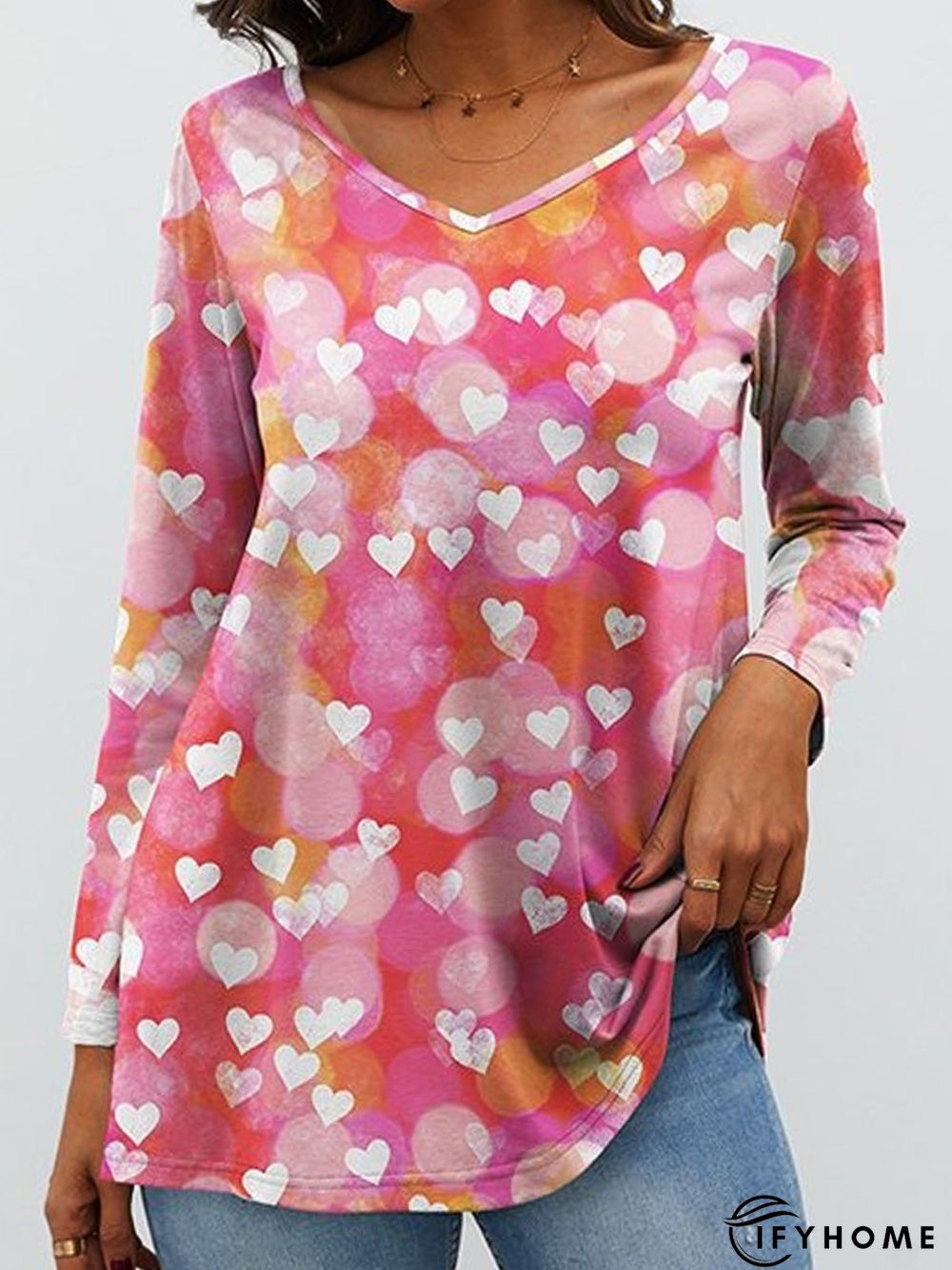 Love Heart Long Sleeve V Neck Casual Tunic T-Shirt | IFYHOME