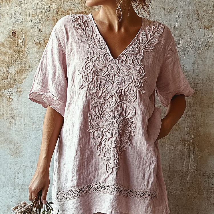 Vintage Floral Lace Art Comfy V Neck T Shirt