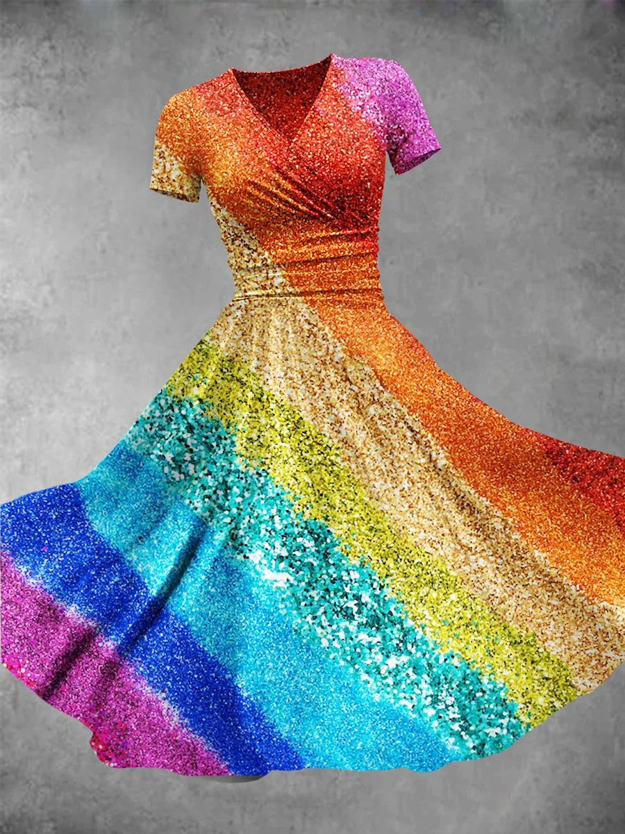 Rainbow Glitter Art Print V-Neck Short Sleeve Vintage Midi Dress