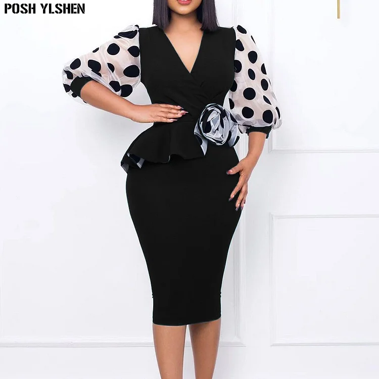 New Bodycon Midi Dress African Dresses for Women 2022 Daily Elegant High Waist Bandage Mesh Sleeve Robe Femme African Clothes QueenFunky