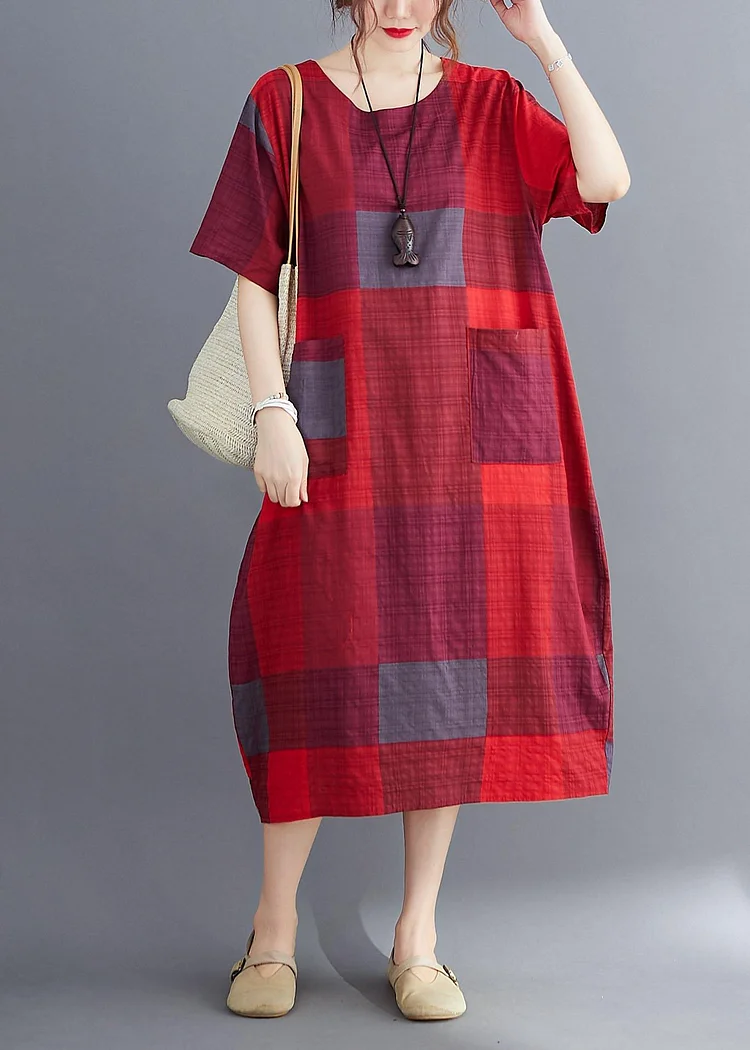Plus Size Corron Linen Red O Neck Plaid Summer Maxi Dresses