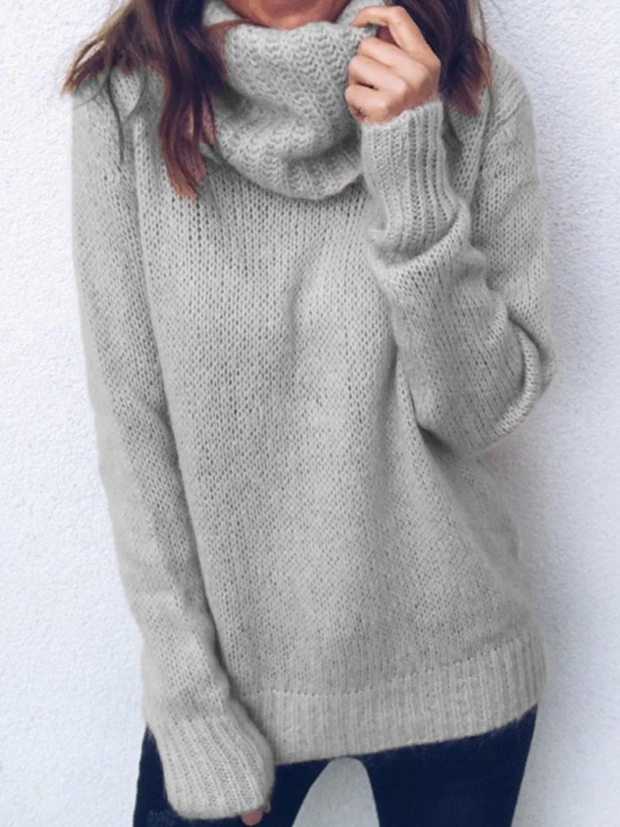 High Neck Solid Color Long Sleeve Knitting Sweater