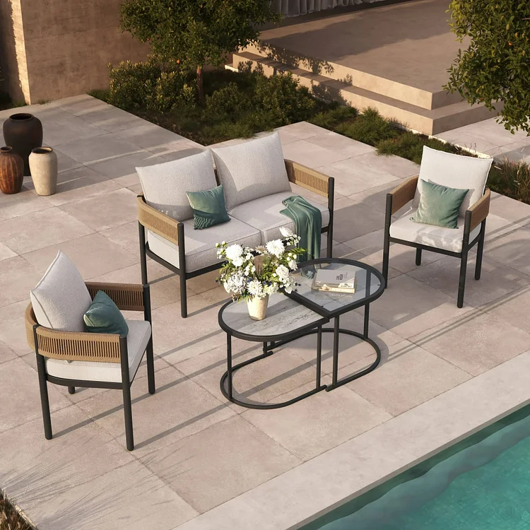 GRAND PATIO 5-Piece Outdoor Furniture Conversation Set, with Olefin Cushions and Nested Table, Patio Furniture for Backyard, Beige