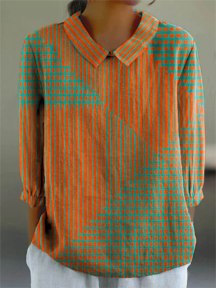 Women's Abstract Geometric Pattern Art Print Casual Cotton And Linen 3/4 Sleeve Shirt