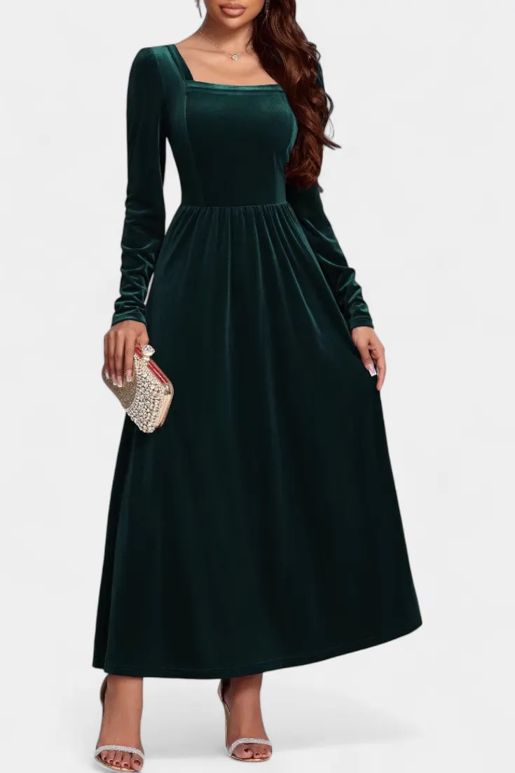 Velvet Maxi Dress with Square Neck and Long Sleeves
