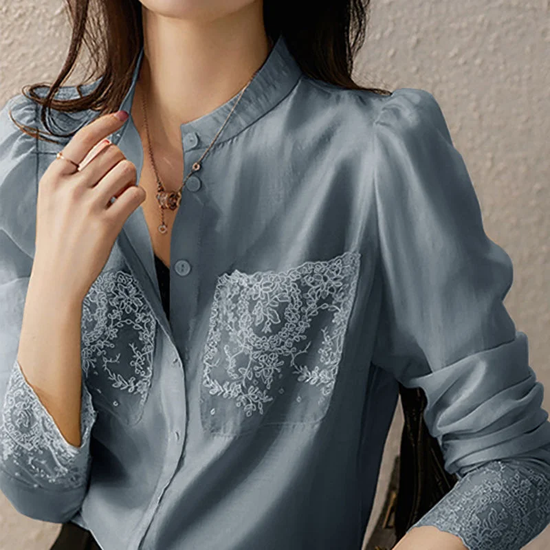 Jangj Style Lace Blue Chiffon Shirt Crew Neck Open Stitch Blouse 2022 Summer Elegant Professional Solid Color Shirt for Women