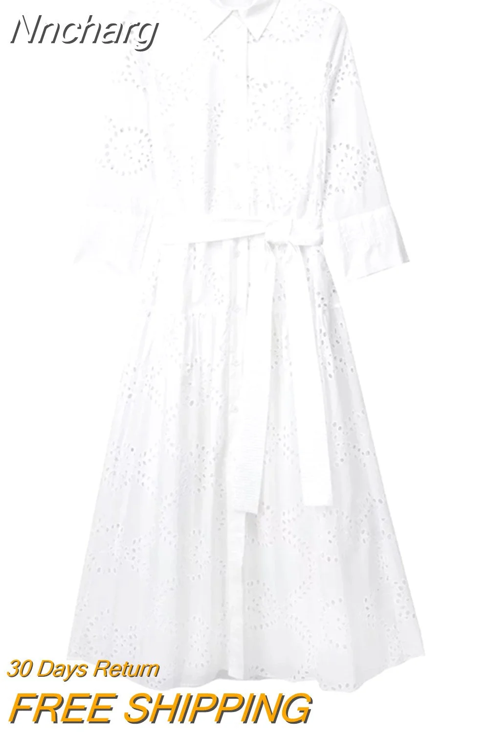 Nncharge TRAF Women 2023 Chic Fashion With Belt Button-up Midi Shirt Dress Vintage Long Sleeve White embroidery Female Dress