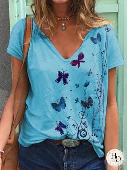 Butterfly Print Short-sleeved V-neck T-shirt