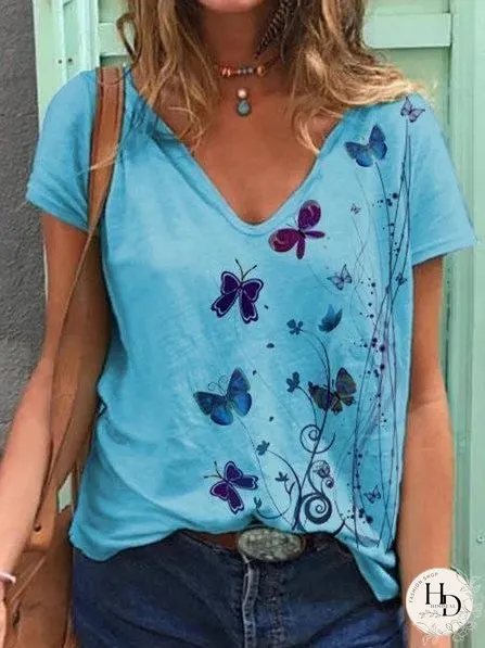 Butterfly Print Short-sleeved V-neck T-shirt