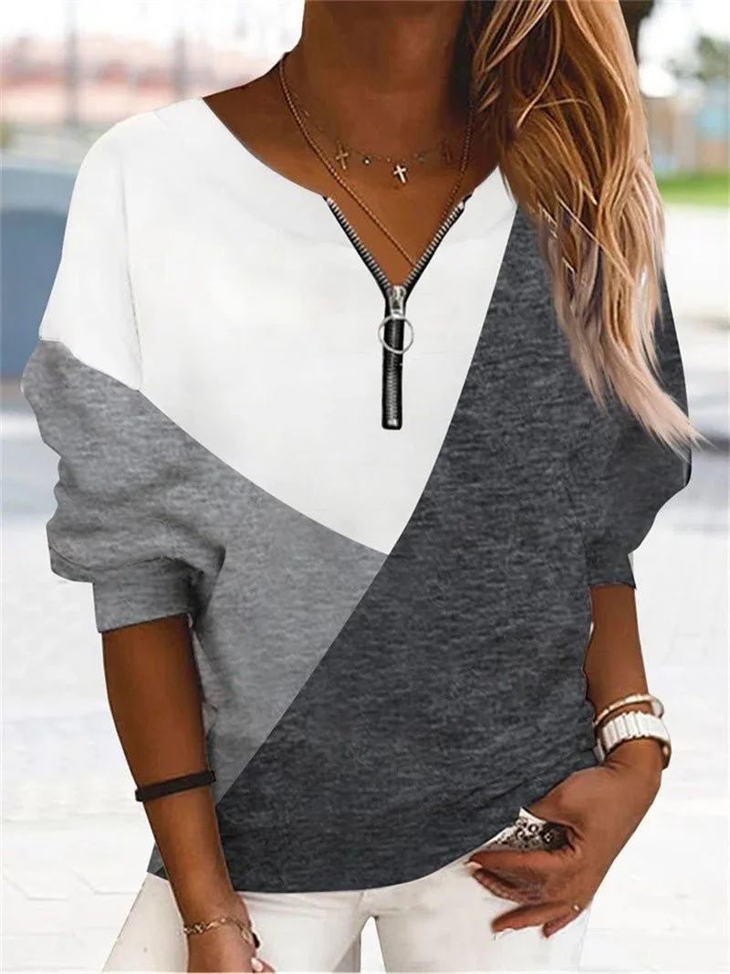 Women's T-Shirts Loose V-Neck Zippered Long Sleeve T-Shirt