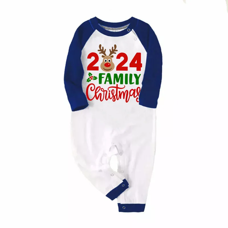 "2024 Family Christmas" Moose Letter Prints Blue & Black Plaid Family Matching White Pajamas With Dog