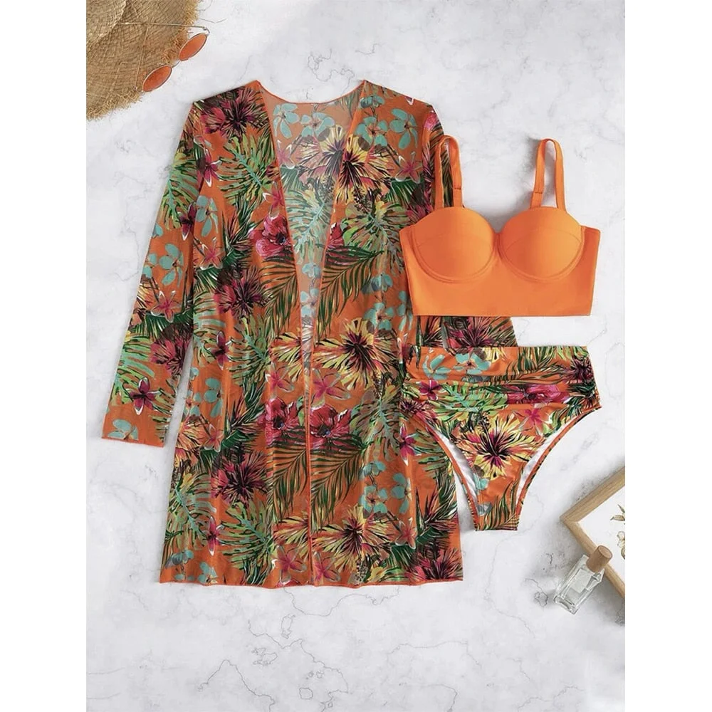 2022 Sexy Bikinis And Cover Set Women Swimsuit Printed Swimwear High Waist Summer Strappy Bathing Suit Beach Wear Biquini Female