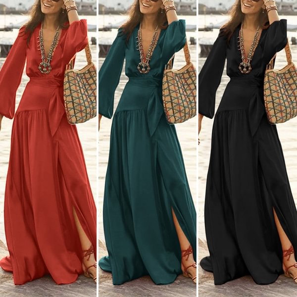 ZANZEA Women Full Sleeve Holiday Deep V Casual Loose Side Slit Dress Beach Bohemian Maxi Dresses - Shop Trendy Women's Fashion | TeeYours
