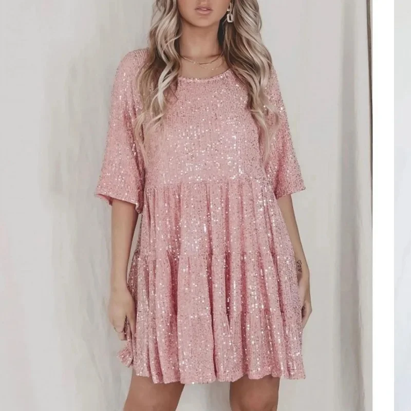 Women's Shining Sexy Sequins Round Neck Loose-Fit Waist Mid-Sleeve Dress