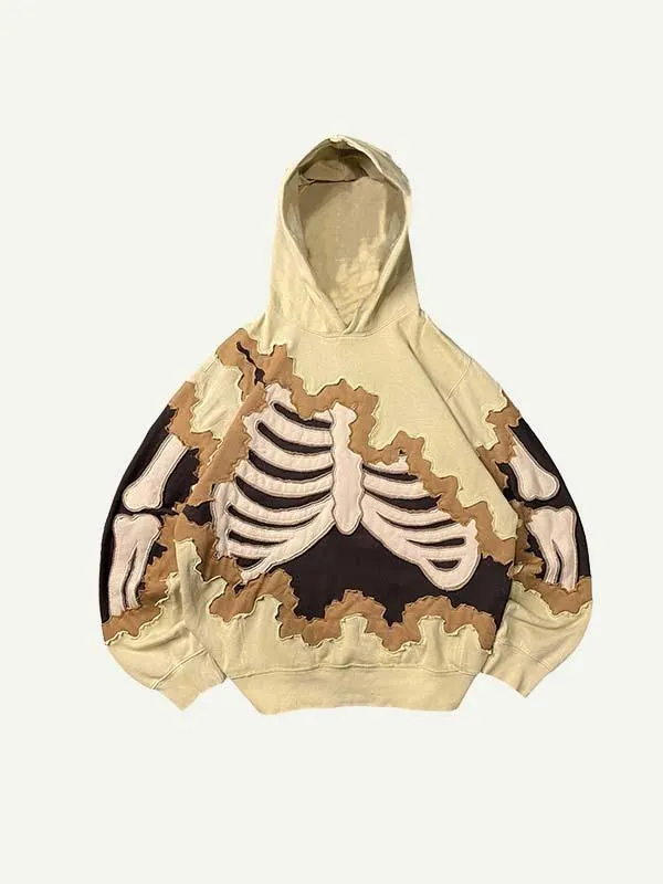 Colorblock Skeleton Faux Decal Print Slant Pockets Hoodie