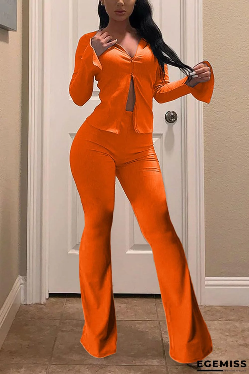 Orange Elastic Fly Long Sleeve Mid Solid Loose Pants Bottoms | EGEMISS