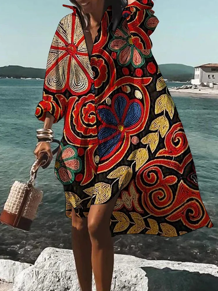 Ursime Vacation Floral Pattern Swimsuit Shirt Midi Dress Cover Up