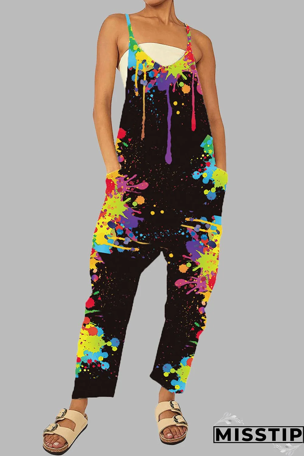 Black Casual Gradual Change Print Patchwork Pocket Zipper Spaghetti Strap Loose Jumpsuits