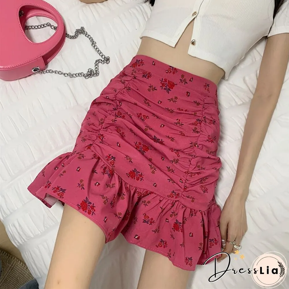 cute print trumpet mini skirt summer sweet high waist elegant a-line casual korean