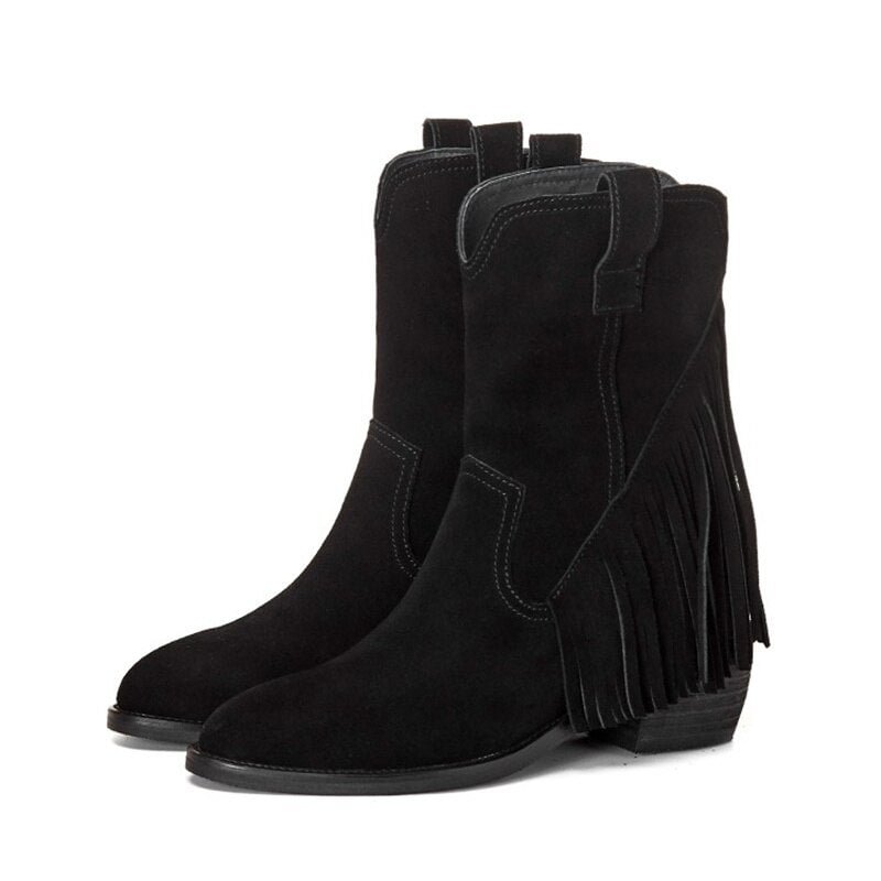 Classics Fringe Women's Mid Calf Boots Round Toe And Low Heel Female Shoes Platform Plush In Zipper-Sid Non-Slip Chaussure Femme
