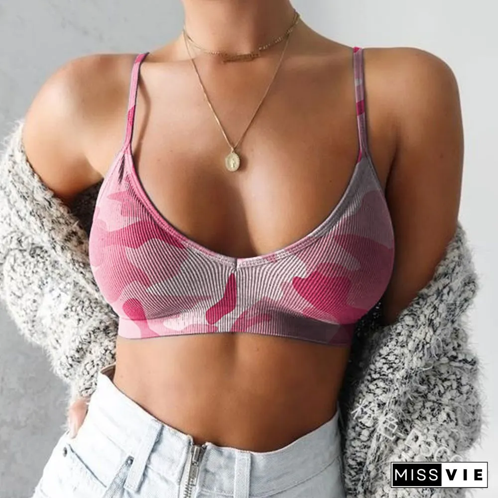 S-4Xl Women Underwear Bra Sexy Camouflage Spaghetti Strapped Bra Top Without Steel Ring Summer Autumn Casual Sportwear Plus Size