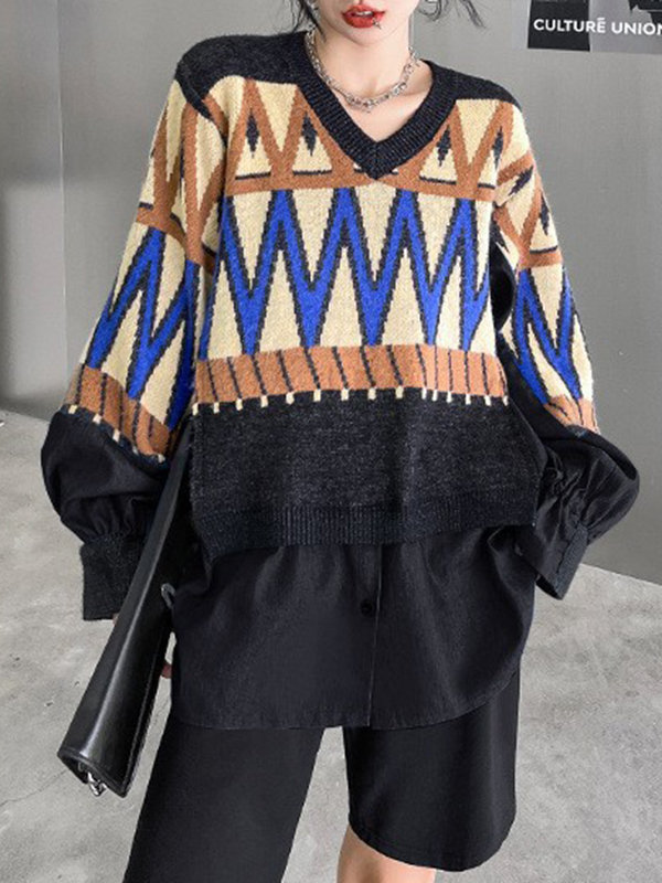 Loose V Necked False Two-piece Denim Sweater