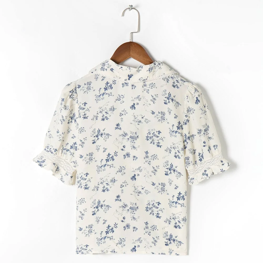 Huiketi Women 2023 Fashion Lapel V Neck Lace Trim Elegant Vintage Floral Print Shirt Short Puff Sleeve Button Up Summer Blouses Top